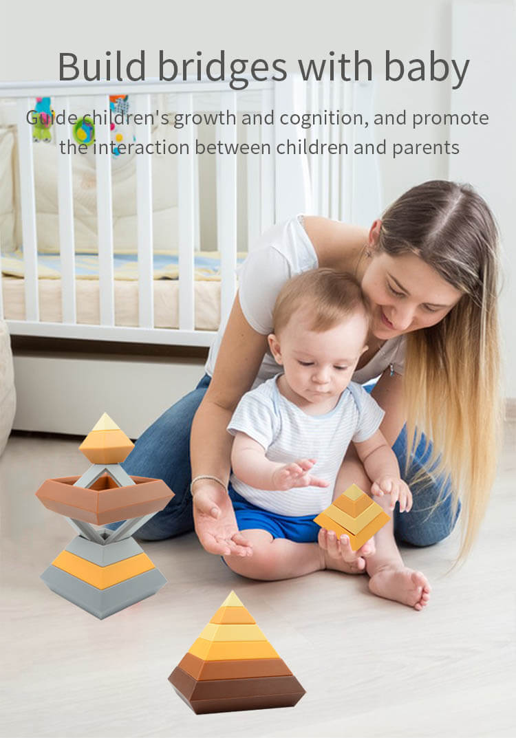 Mom and Baby Playing Silicone Pyramid Stacker Toy